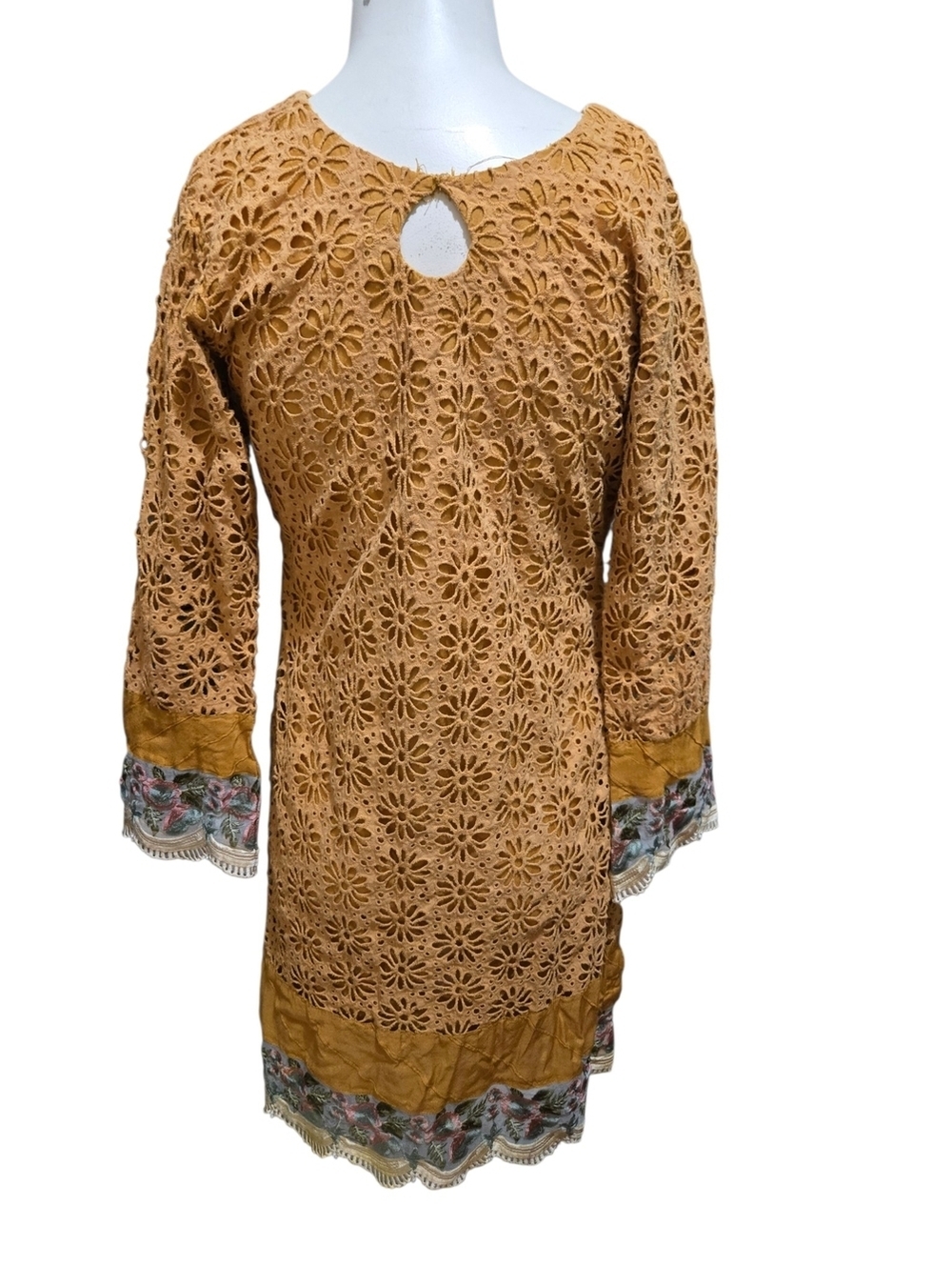 Unbranded Boho Eyelet Lace Shift Dress Mustard Floral Embroidered Keyhole Neck